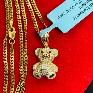 Sterling silver Moissanite gold plated bear with chain 18 inch